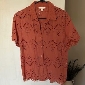 Eyelet Button-Up Shirt in Terracotta- Size Large